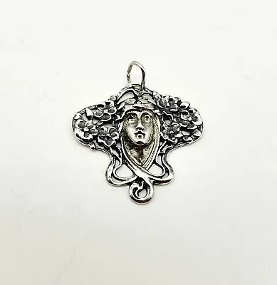 Antique Maiden Lady Repousse Sterling Silver 925 Vintage Pendant 3D Art Nouveau • $44