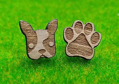 One Pair Of Wooden Laser Cut French Bulldog  Dog Paw Print Stud Earrings🐾 • $9.90