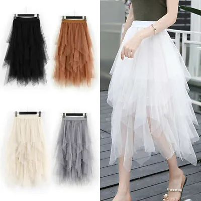 £10.79 • Buy Women High Waist Ruffle Tutu Maxi Skirt Sheer Net Tulle Pleated Long Dress  