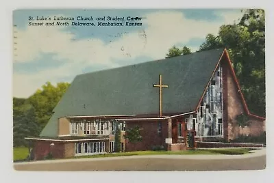 Postcard Linen St Luke's Lutheran Church Sunset Manhattan Kansas • $5.49