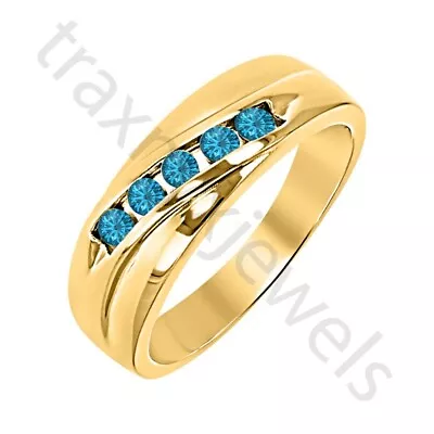 0.40ct Lab Created Swiss Blue Topaz 14K Yellow Gold Over 5-Stone Band Men's Ring • $66.25