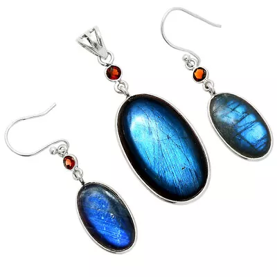 Blue Fire Labradorite & Garnet 925 Silver Pendant Earrings Jewelry Set T-1010 • $34.99