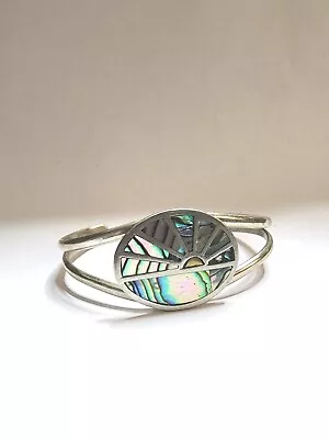 Vintage ALPACA Mexico CUFF BRACELET ABALONE Inlay - SUNRISE  • $19.98