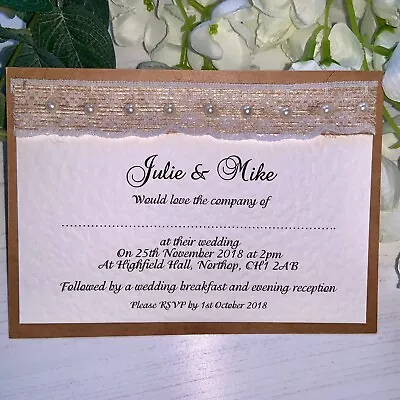 10 Wedding Invites With Rustic Hessian Lace & Pearls - Day Or Evening • £15