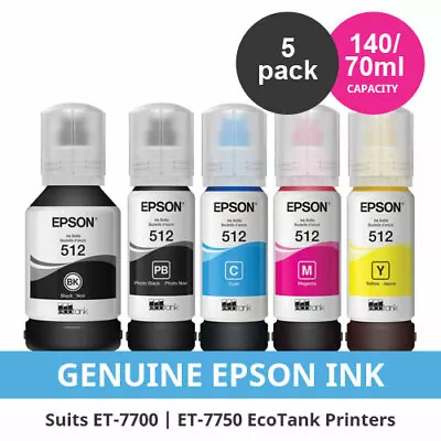 $89 • Buy Genuine Epson T512 Ink Refill Epson ET7700 ET7750 Ecotank Printers C,M,Y,BK,PB