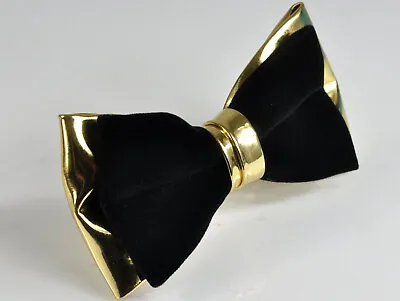 Men Adult Pretied Black Velvet  Gold Shining Faux Leather Bow Tie Bowtie Wedding • £10.58