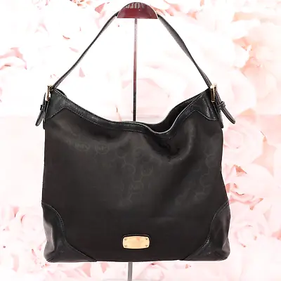Michael Kors Women Millbrook Hobo Tote Handbag Purse Medium Black Leather Canvas • $58.49