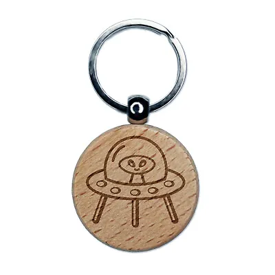 Alien Space Ship UFO Engraved Wood Round Keychain Tag Charm • $9.99