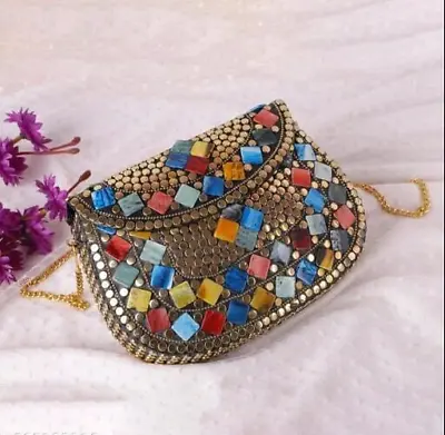 Women Mosaic Stone Metal Clutch Bohemian Gift Vintage Antique Brass Purse • $39.99