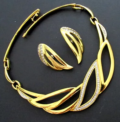 Vtg Runway Modernist/deco Monet Gp Collar Necklace Rhinestones Post Earrings Exc • $112.99