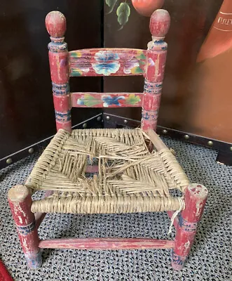 Antique Vintage Child’s Chair Rattan Seat Painted Mexico Signed Original • $25