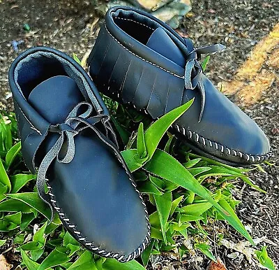 Men Black Soft Leather Moccasins Ankle USA Made Fringe Lace Up Native American • $88.95