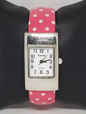 Ladies Xavier Beautiful Silver Tone Pink Polka-Dot Cuff Analog Quartz Watch D1 • $14.99