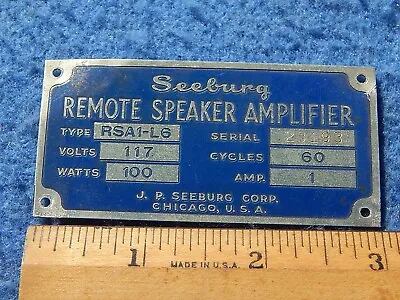 Seeburg RSA1-L6 Remote Speaker Amplifier # 23193 Identification Plate Or ID Tag • $12