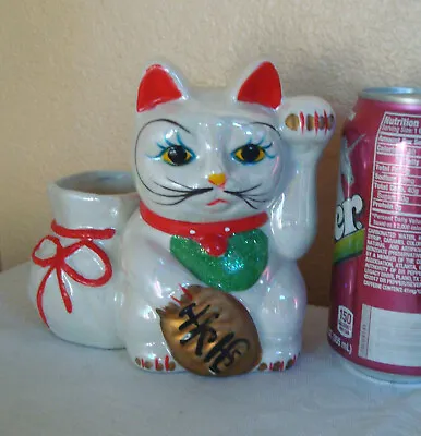 Vintage Japanese Porcelain Maneki Neko Lucky Cat Figurine W/ Money Bag Rare  • $25