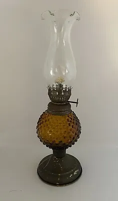 Vintage Small 9.75” Tall Oil/Kerosene Amber Glass & Clear Globe Hurricane Lamp • $19.99