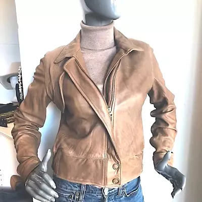 MIKE & CHRIS Camel Zip-Front Leather Moto Jacket EUC/sz: M • $99