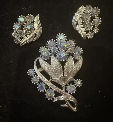 Vintage Coro Brooch Earrings Set Rhodium Played Silver Tone Blue Aurora Borealis • $60