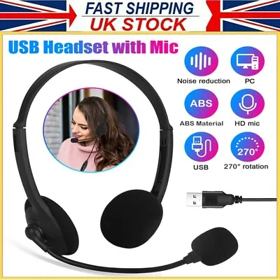 USB Wired Headset With Microphone Noise Cancelling Call Centre For PC Laptop UK • £9.12