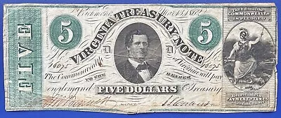 Obsolete Currency - Five Dollars Virginia Treasury Note 1862 Circulated #73612 • $49.99