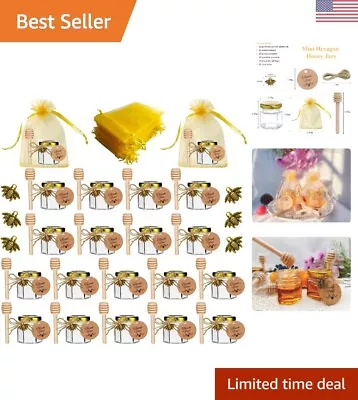20pcs Mini Glass Honey Jars With Wooden Dippers & Gold Lids - Perfect For Favors • $37.99
