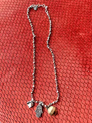 Designer Lucky Brand Silver-Gold Tone Chain Hamsa Hearth Pendant Necklace • $20