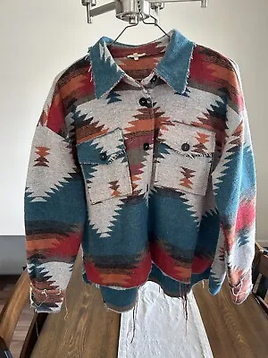 La Miel Women's Boho Southwestern Aztec Blanket Shacket Button Up Jacket Size L • $20