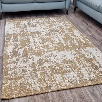 Distressed Rug Beige Mustard Cream Abstract WASHABLE Flatweave Mat Large Small • £52.99