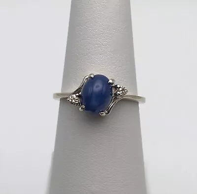 14k White Gold Ring Lab Created Star Sapphire And 0.06cts Natural Diamonds • $654.22
