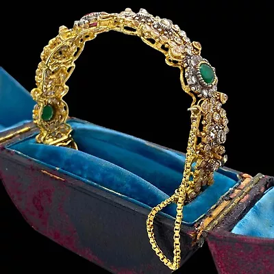 Antique Vintage Deco 14k Gold Plated Mughal Ruby Paste Wedding Bracelet 29.6g • $150