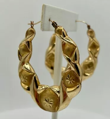 Vintage 10kt Yellow Gold Bamboo Style Hoop Earrings. • $400