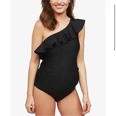 Beach Bump By Motherhood Maternity Black Ruffle One Shoulder Swimsuit Size XL • $28