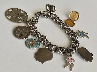 Vintage Sterling Silver Charm Bracelet W/ 9 Charms ~ 1 14k Gold RARE Charm 1950s • $345