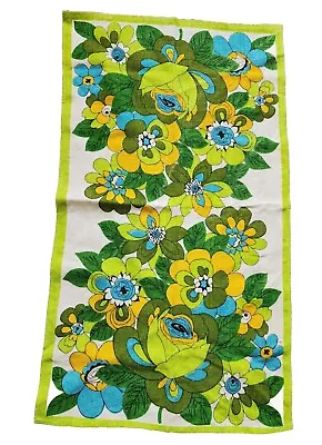 Vtg 60s Kitchen Tea Towel MCM Flowers Groovy Linen Green & Blues Floral Flowers  • $29.99