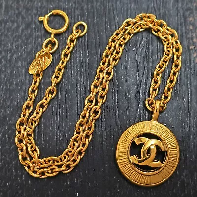 CHANEL Gold Plated CC Logos Round Charm Vintage Necklace Pendant #531c Rise-on • £599.28