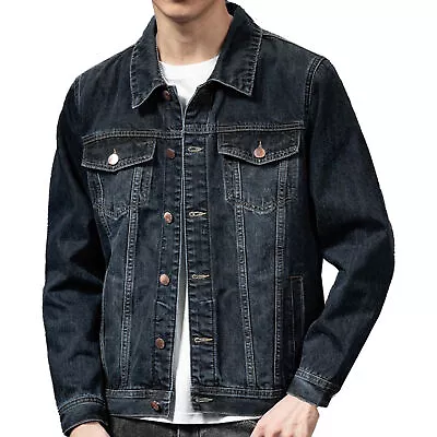 1x MEN DENIM JACKET LONG SLEEVES MULTI POCKETS LAPEL SOLID COLOR SINGLE-BREASTED • $41.92