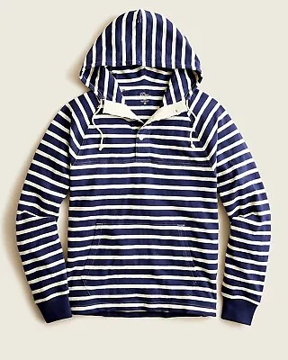 J. CREW Button Front Pullover White Striped Hooded Sweatshirt Hoodie Mens Size M • $30