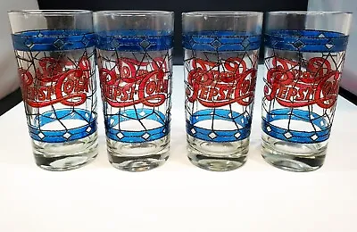 Set Of 4 Vintage Pepsi Cola Glasses 1970's Tiffany Style-Stained Glass 16 Oz. • $35.99