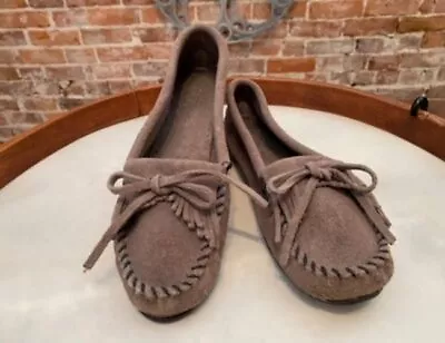 Minnetonka Grey Suede Kilty Slip On Moccasin Flat Shoe 8.5 Sale • $24.95