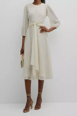 $398 Shoshanna Women's Ivory Melrose Blouson-Sleeve Swiss Dot MIDI Dress Size 6 • $127.58