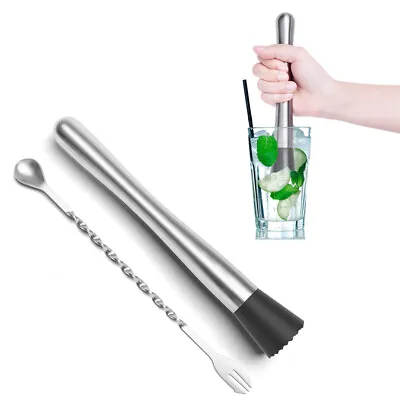 2PCS Stainless Steel Cocktail Muddler And Mixing Spoon Kit Home Bar Tool Set New • £5.66