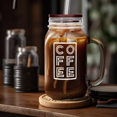 Mason Jar Coffee Cup With Handle Lid And Glass Straw • $21.50