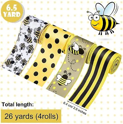£7.97 • Buy 4 Rolls Bees Stripes And Dots Wired Edge Ribbon Each 6.6 Yards Long 2.5  Wideth