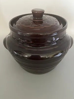 Marcrest Stoneware Bean Pot Crock W Lid DAISY DOT Ovenproof 1950s 2.5 QT Brown • $23