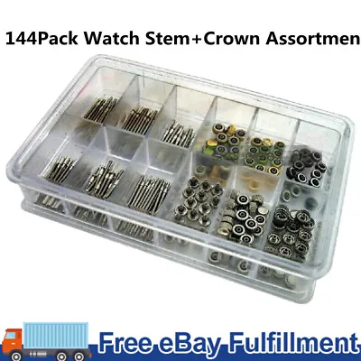 144Pack Multi-Size Steel Watch Stem+ Crown Assortment Watchmake Repair Parts Kit • £15.59