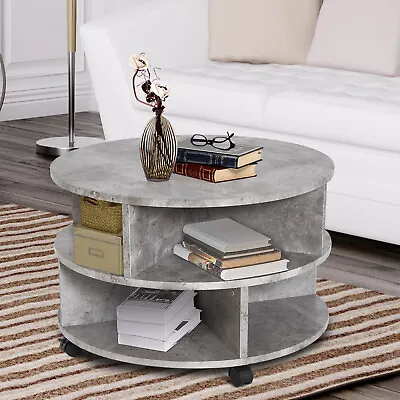 Durable 2-Tier Round Coffee Table With Castors Sector Dividers Shelves • £77.99