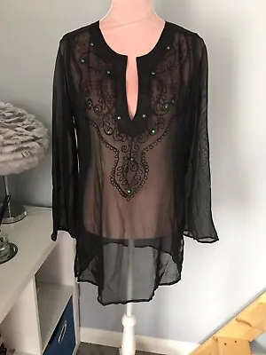 £3.99 • Buy Black Long Sleeve Sheer Embroidered Kaftan Type Beach Cover Up Top Blouse 10