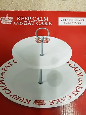 2 Tier Cake Stand Keep Calm And Eat Cake Porcelain Royal British WW II Style NEW • £12