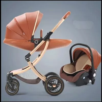 Baby Stroller 3 In 1 PU Baby Carriage Pushchair Pram Stroller With Car Seat • £150