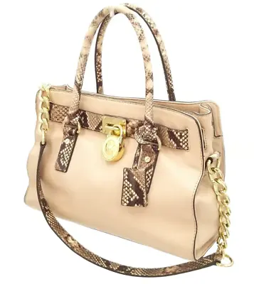 Michael Kors Beige & Python ColorblockMedium Hamilton W/Faux Lock Detail • $128